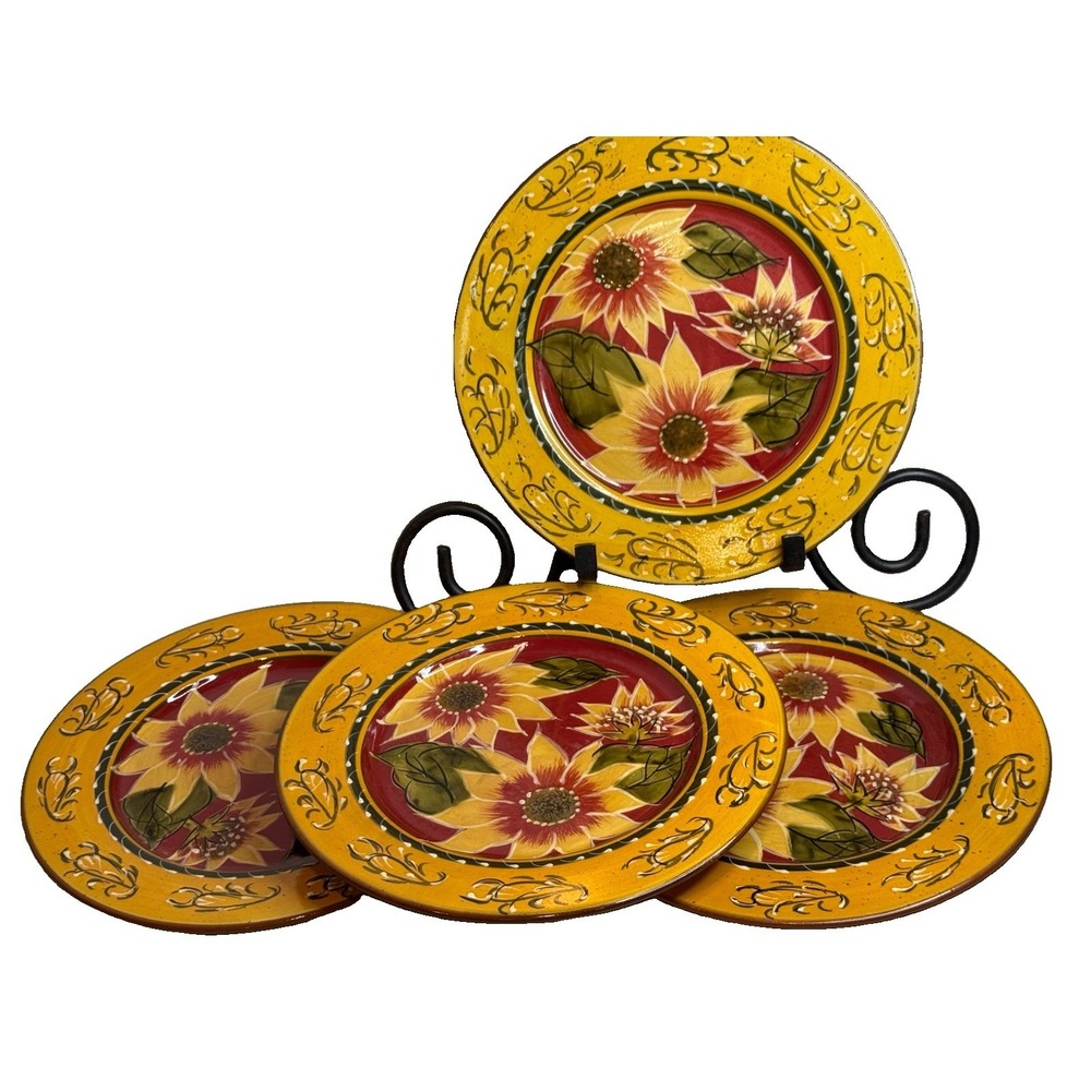 Set of 4 Pier 1 Imports Sunflower Salad Desert Plates Hand Painted Terracotta 8"